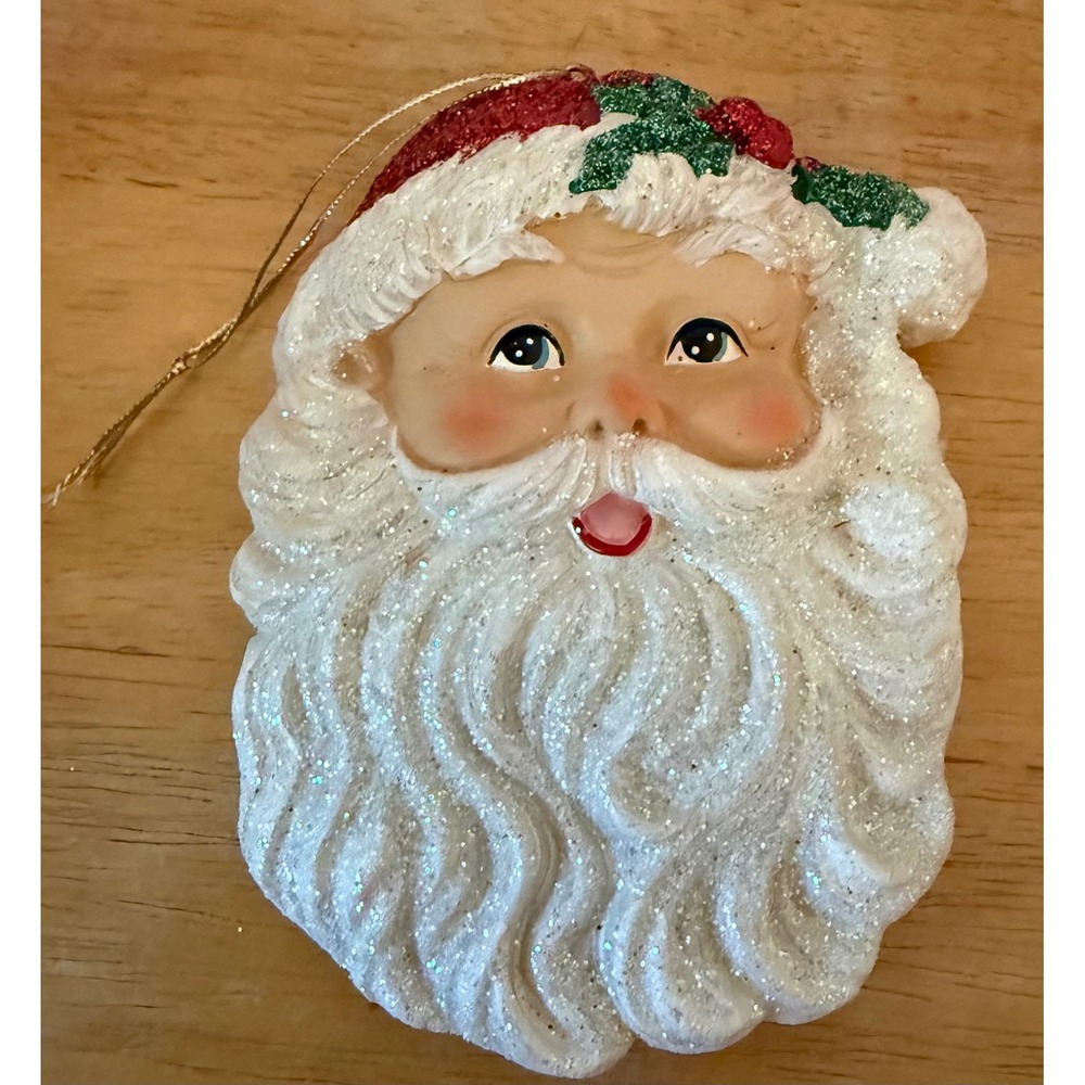 Santa Claus Christmas Holiday Ornament White Red Glitter Heavy Resin Face